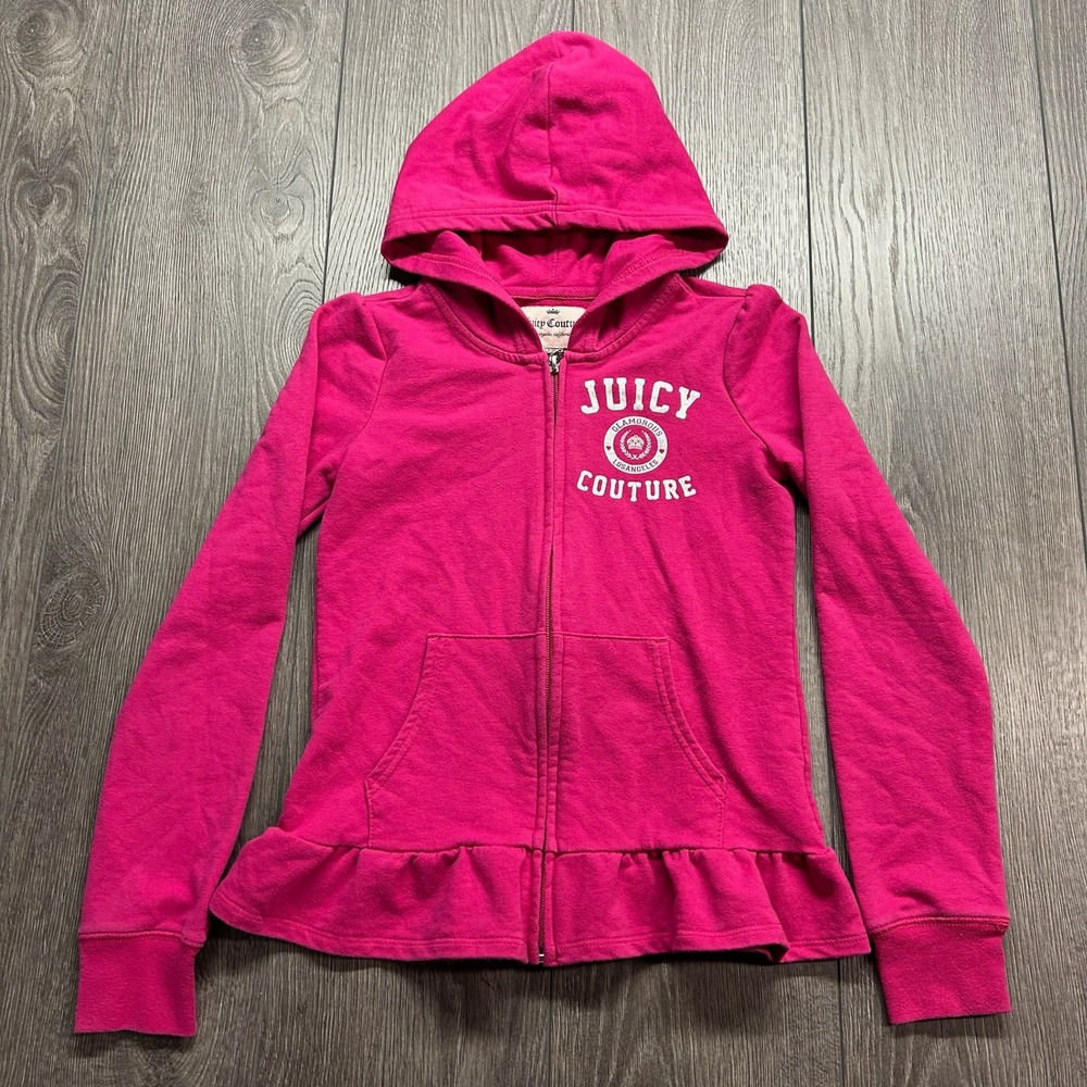 Juicy Couture Girls Pink Ruffle Hem Zip Up Hoodie Sweatshirt Size L 10/12 Y2K